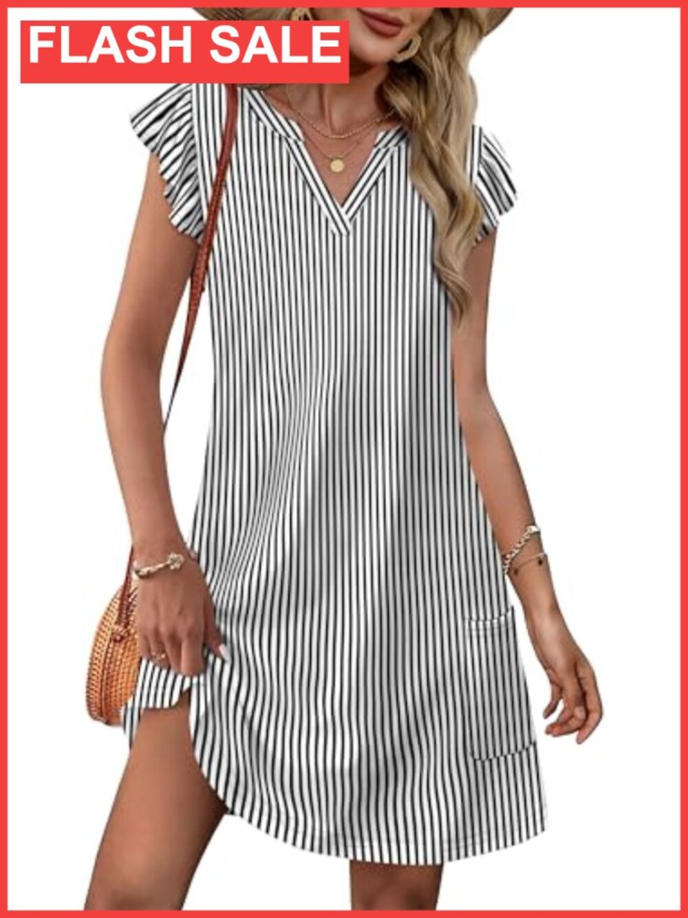 Women's Ruffle Sleeve V Neck Knee Length Sundress with Pockets